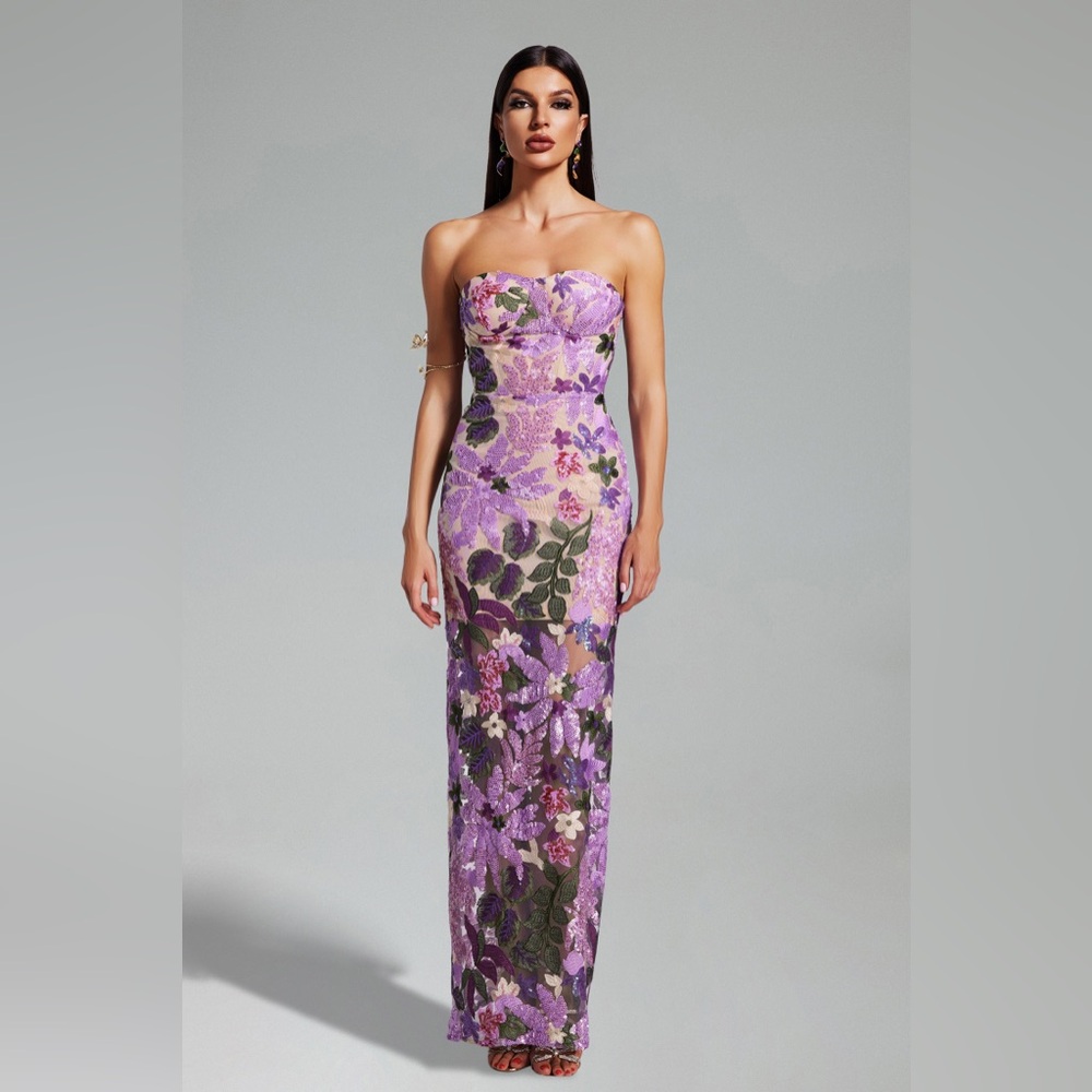 Bella Barnett Floral Sequin Strapless Maxi Dress Purple Embroidered Mesh M - Picture 3 of 13